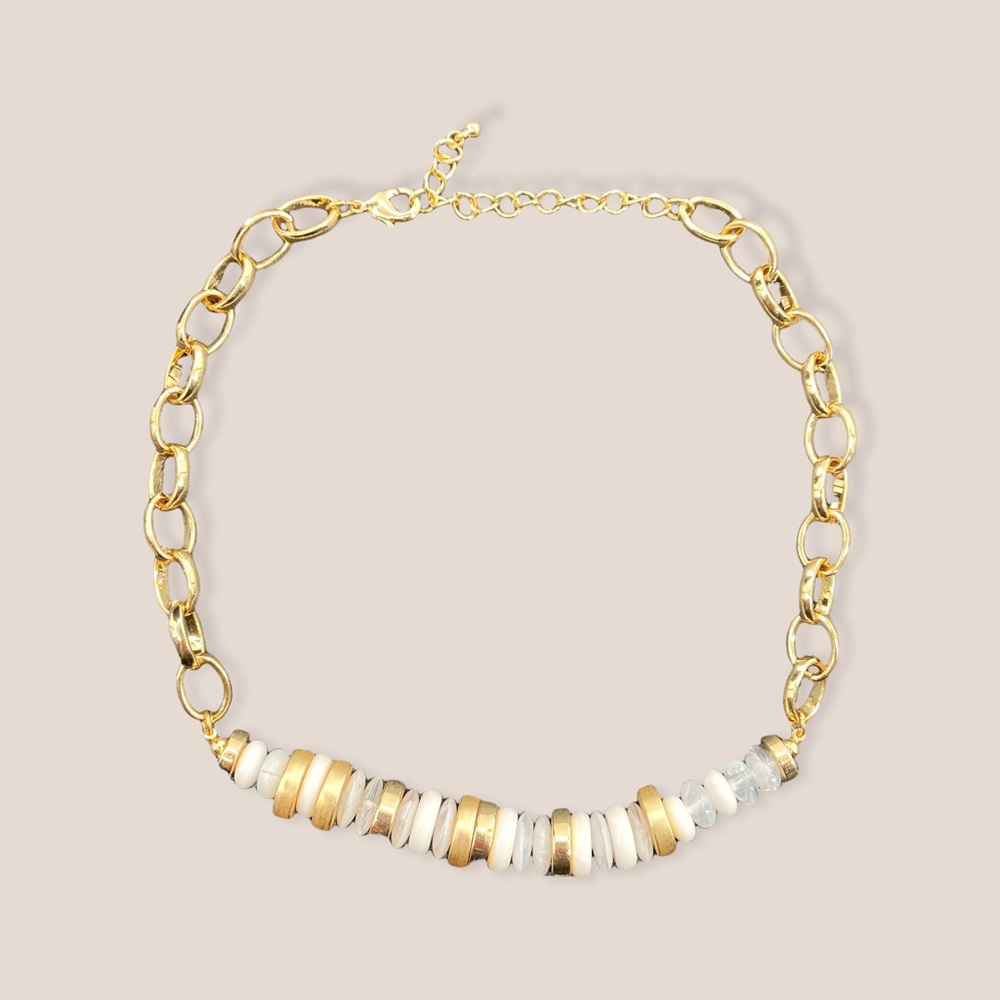 7/ $35 Fashion Jewelry Golden Marble White & Clear Chain Necklace